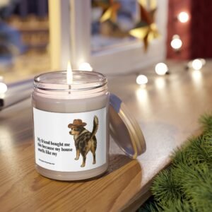 cowboy aussie scented soy candle, funny dog candle for dog lovers, cute home décor, gift for pet owners, cozy living room accent